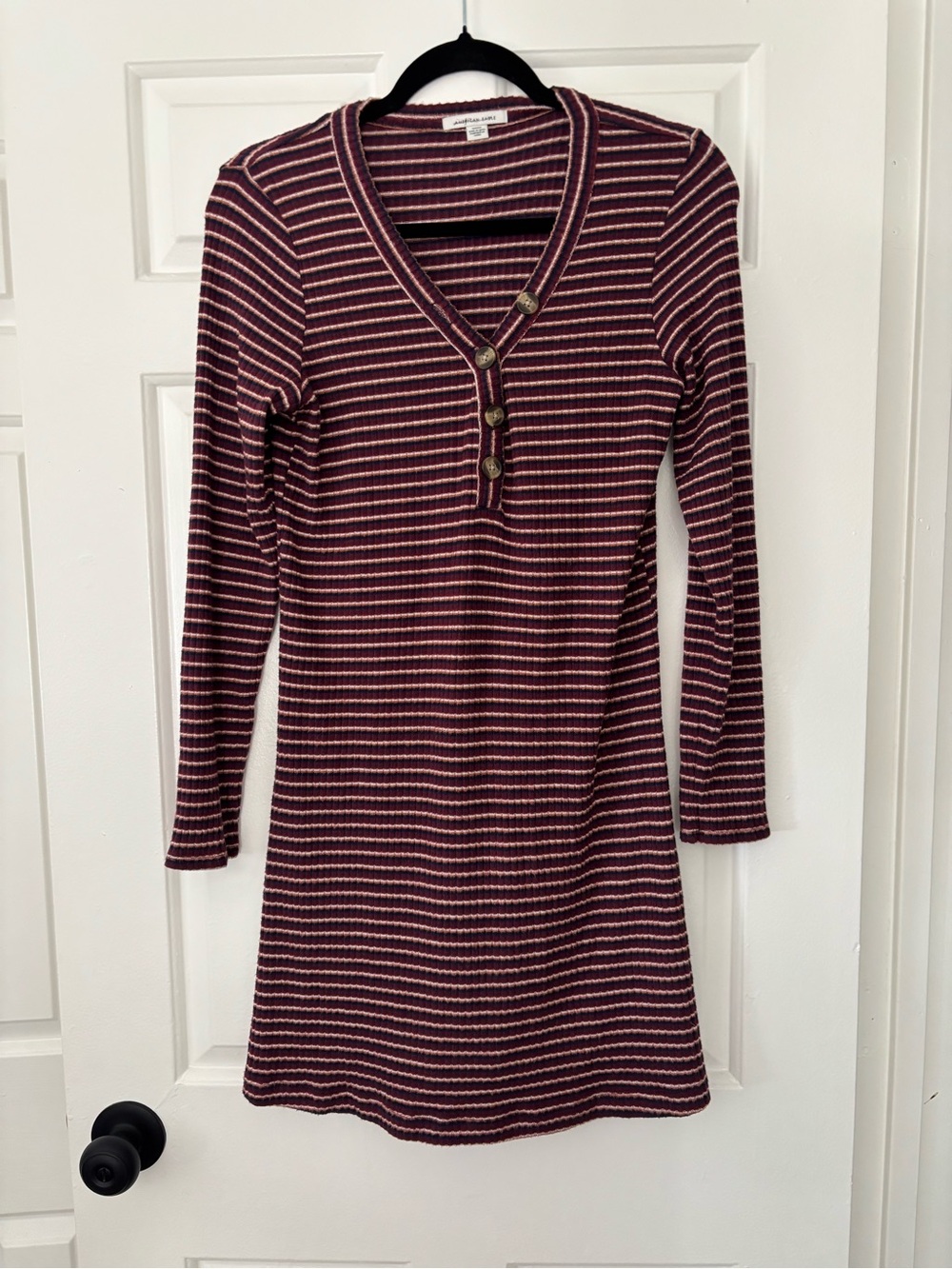 American Eagle Outfitters Maroon and Cream Striped Long-Sleeve Henley Dress - M